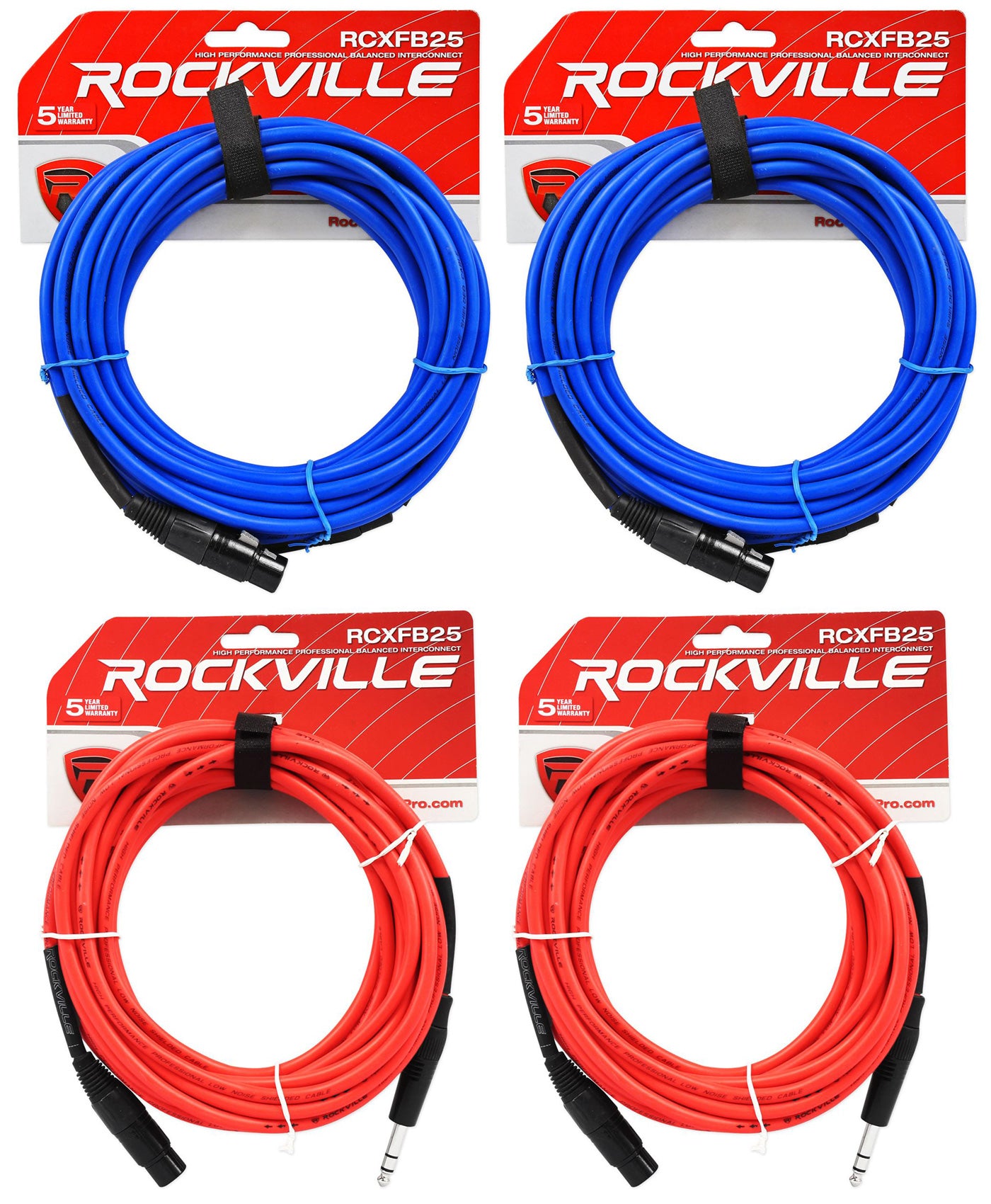 RCXFB25 25' XLR-F to TRS 4-Pack Red/Blue Bundle