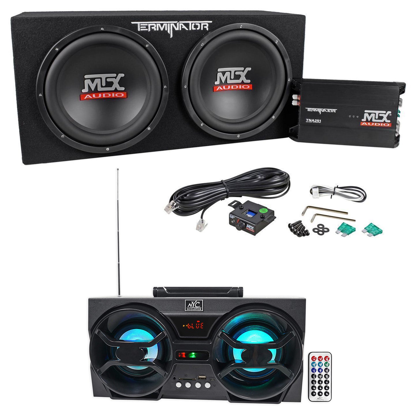 MTX Terminator TNP212D2 Dual 12" Sub Box + NPB3 Bluetooth Boombox Bundle