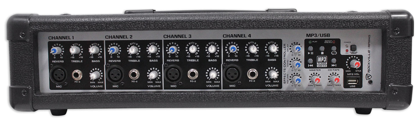 (2) Rockville SPGN128 12" 2400w DJ PA Speakers+Amp+(4) Mics+Stands+Cables+Bag