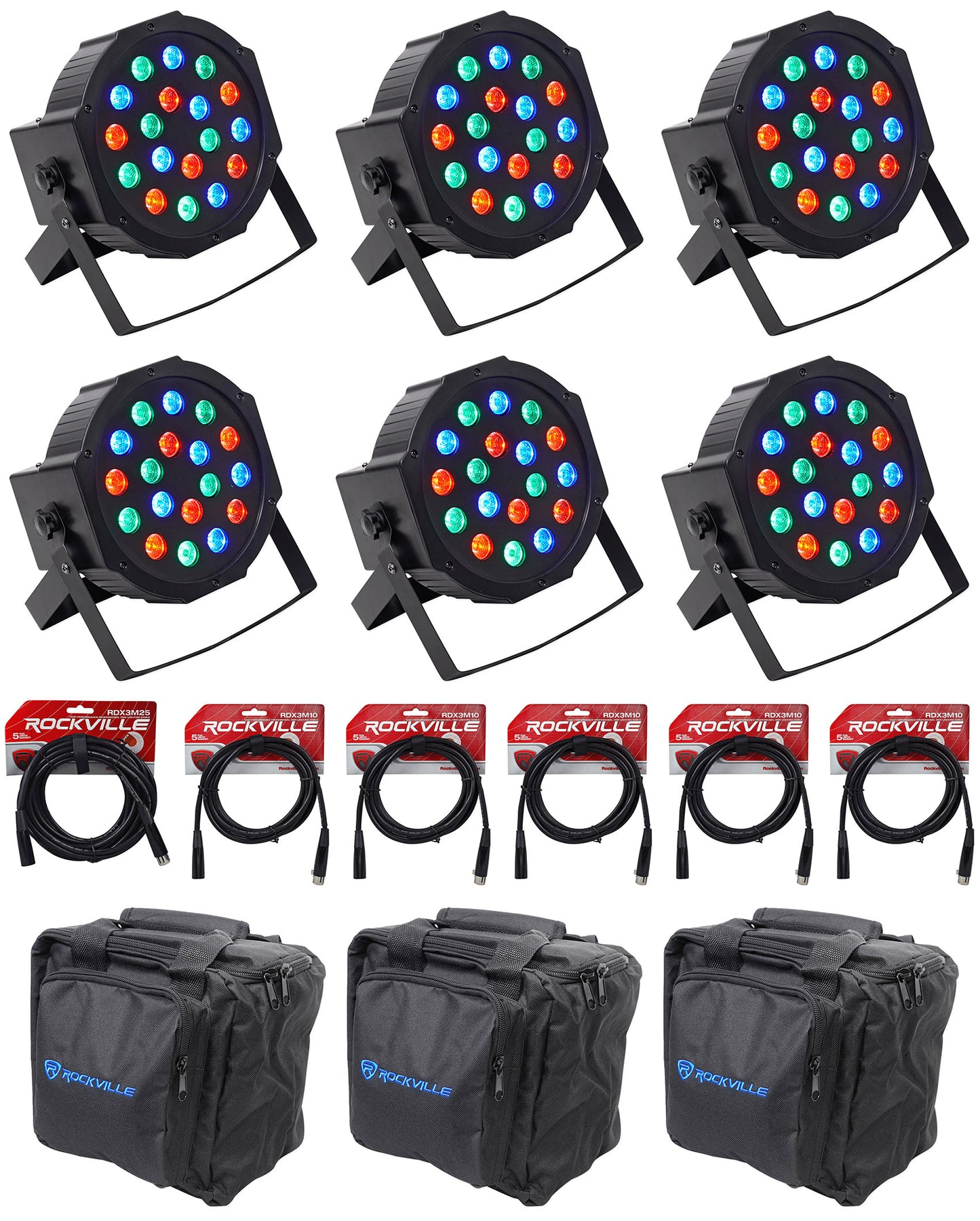 RockPAR50 Black 6-Pack + DMX Cables & Travel Bags Bundle