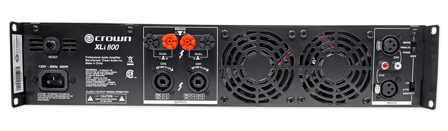 Crown Pro XLi800 600w 2-Channel DJ/PA Power Amplifier Amp + Cables XLI 800