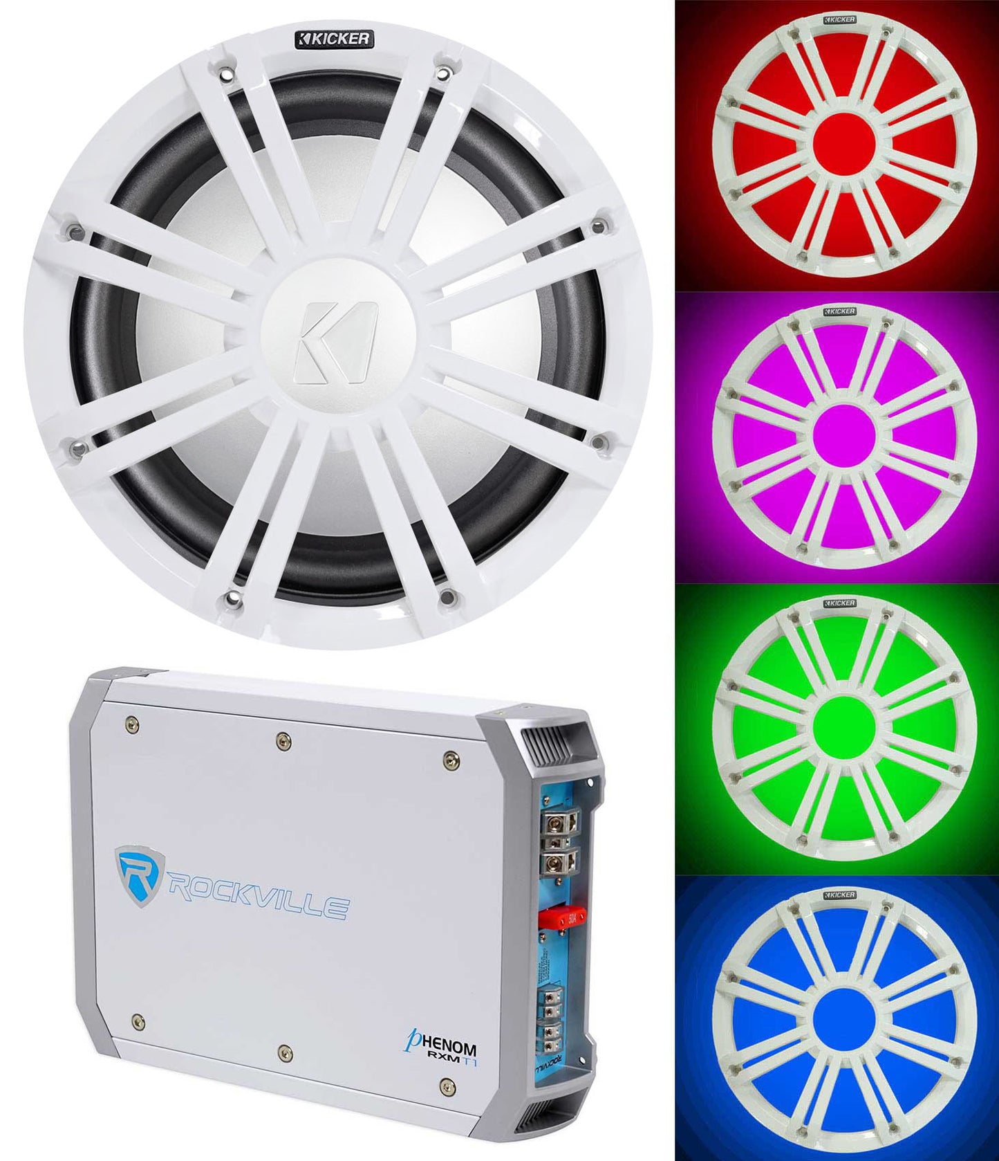 KICKER 45KMF104 10" Free Air Marine Subwoofer Sub+Amplifier+White Grille w/LED's