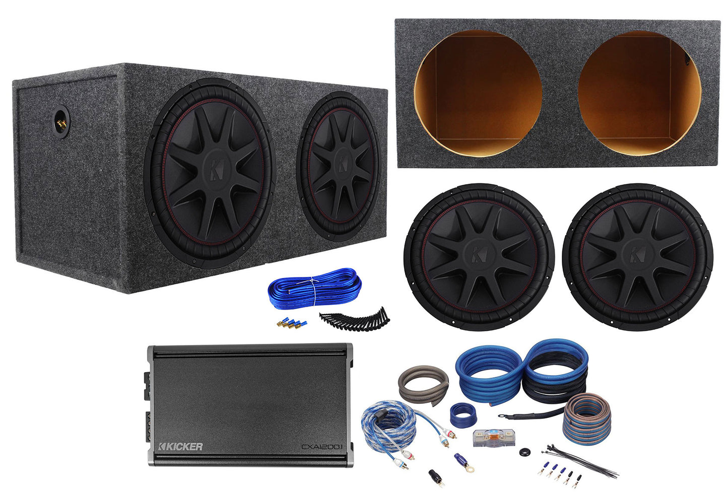 2) Kicker 43CVR152 COMPVR 15" 2000W Subwoofers+Sealed Sub Box+Amplifier+Amp Kit