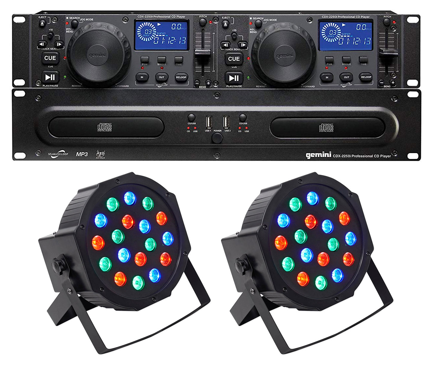 Gemini CDX-2250i DJ Dual Two Deck CD/MP3 Media Player+(2) Par Wash Up-Lights