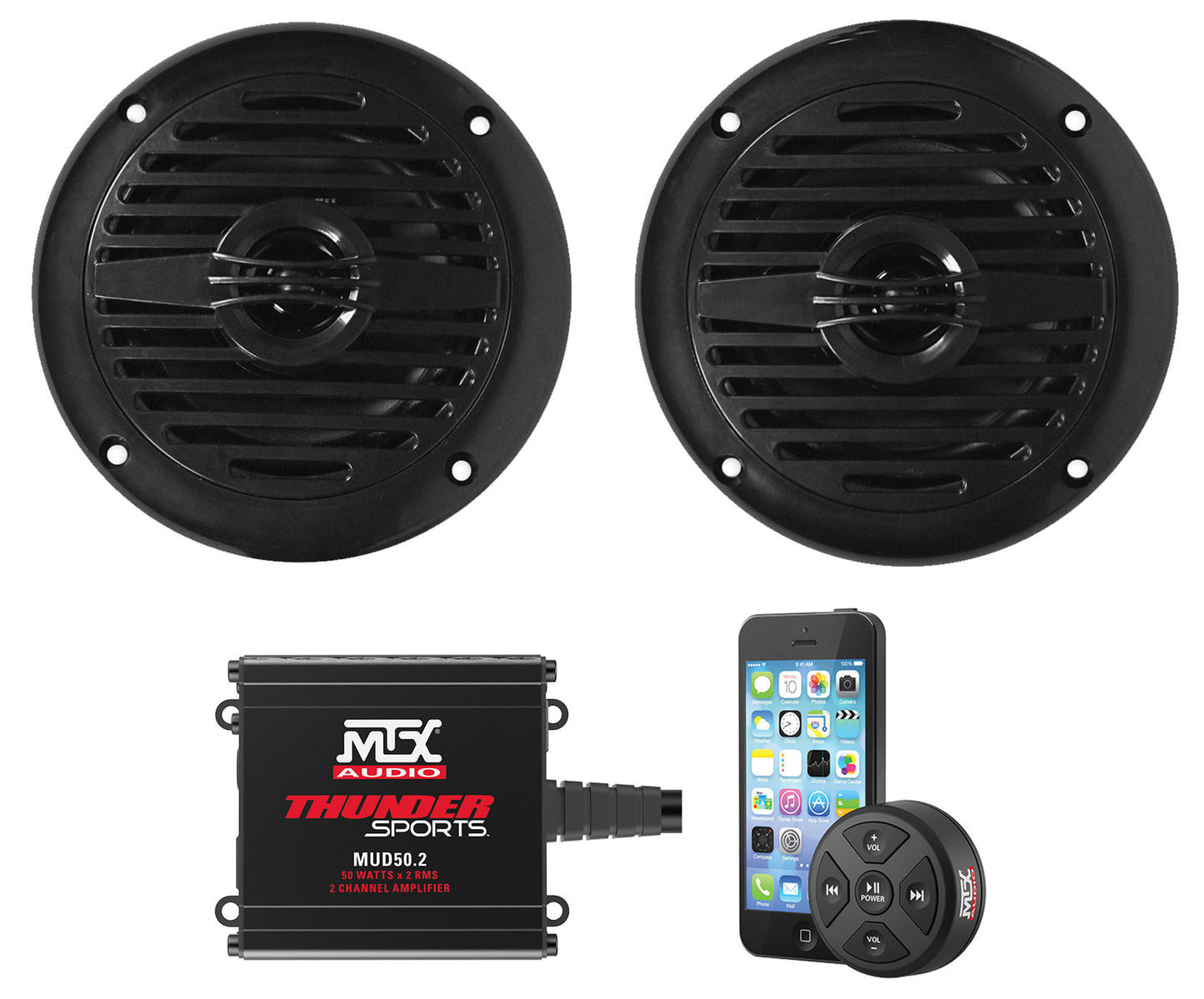 MS40B Black 4" Marine Speakers + MUD50.2 Amp + MUDBTRC Bundle