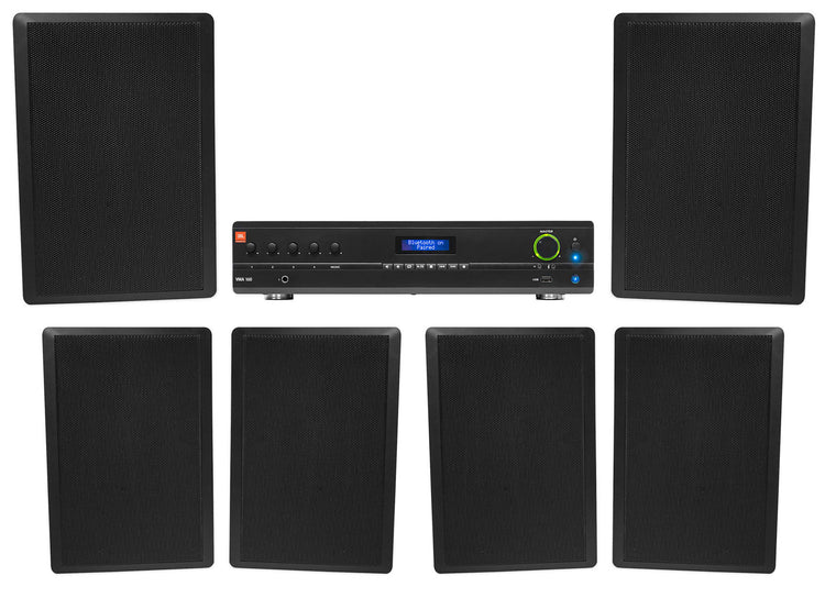 JBL Commercial Amplifier+(6) Slim Black Wall Speakers for Restaurant/Bar/Cafe