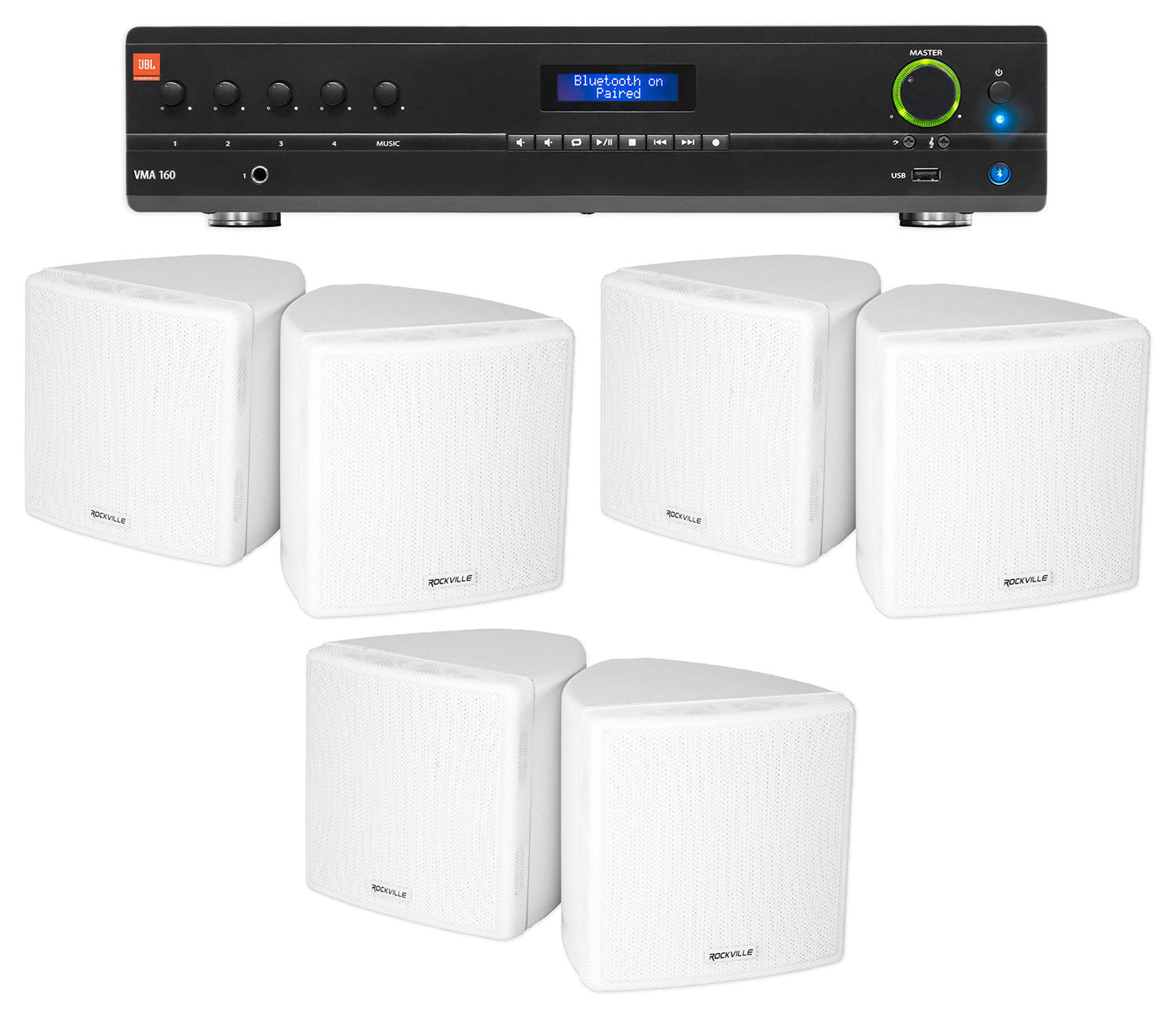 JBL Commercial Amplifier+(6) 3.5" White Cube Speakers for Restaurant/Bar/Cafe