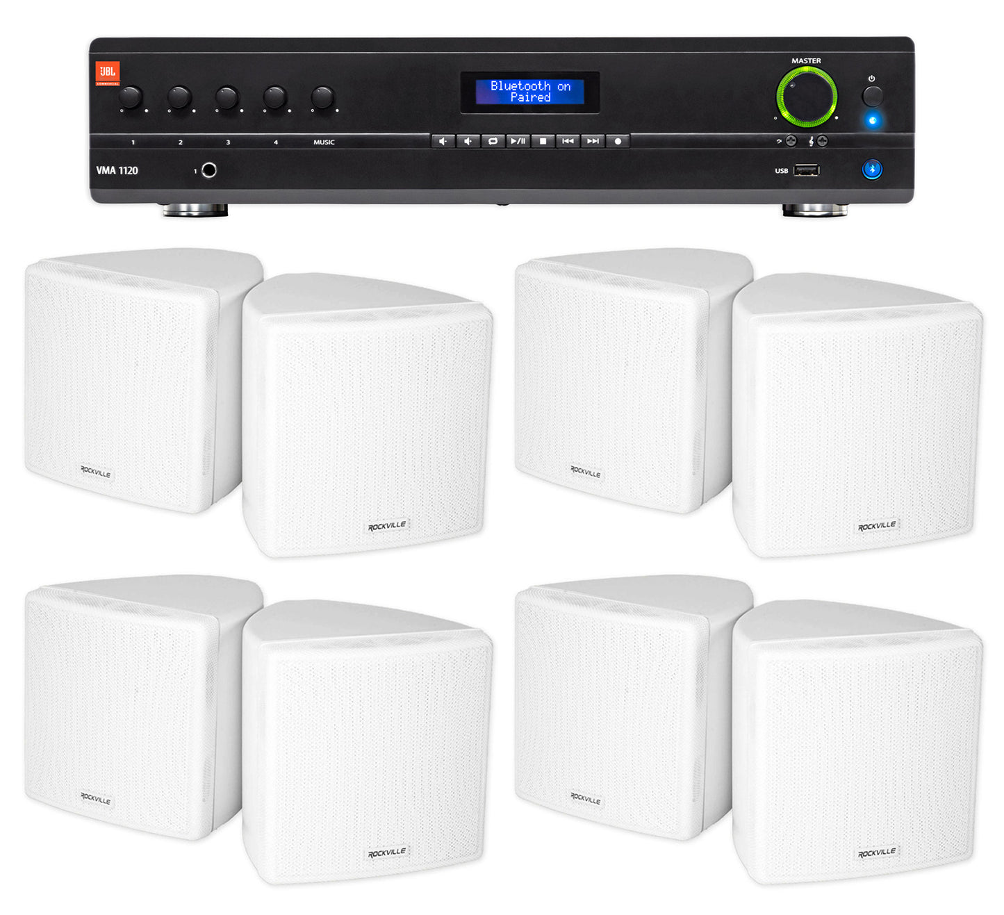 JBL Commercial Amplifier+(8) 3.5" White Cube Speakers for Restaurant/Bar/Cafe