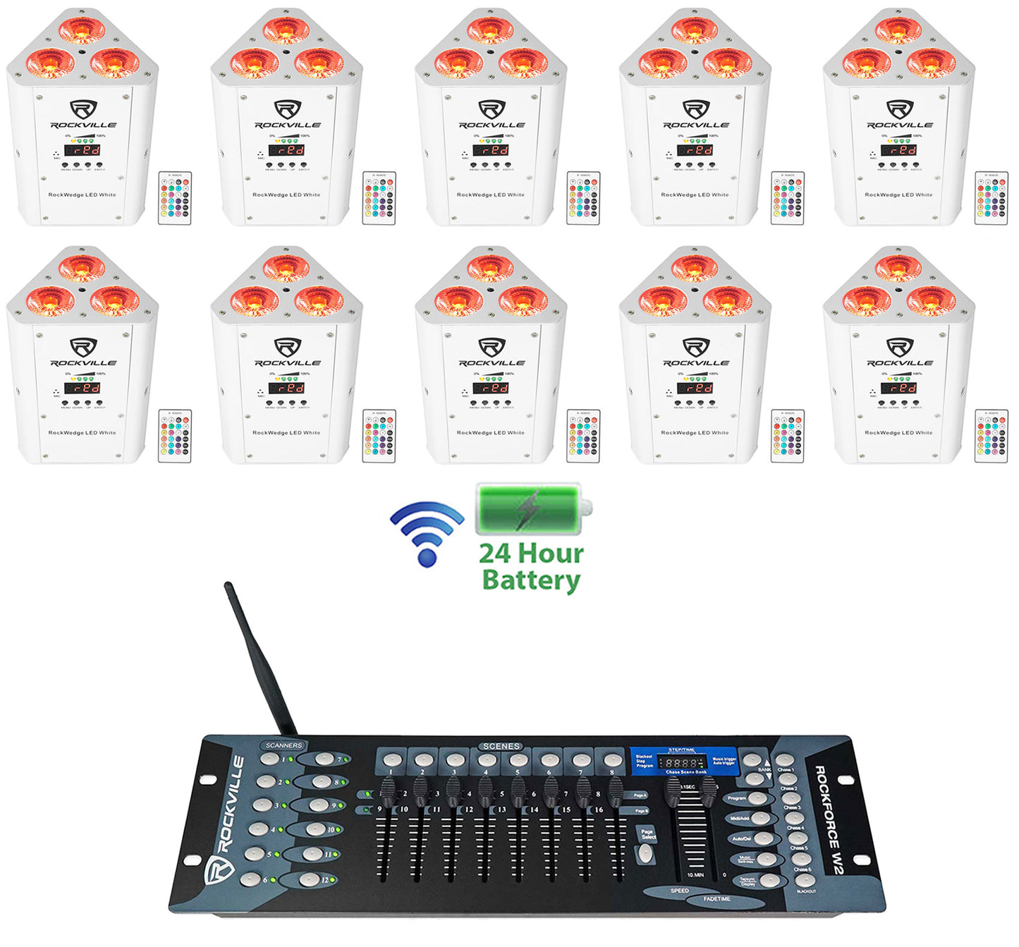 RockWedge LED White 10-Pack + ROCKFORCE W2 Controller Bundle
