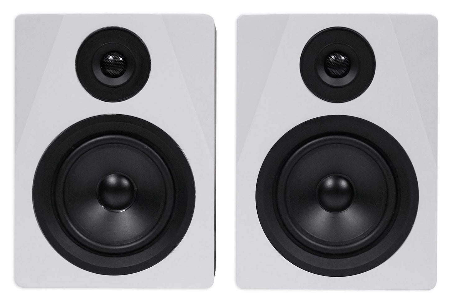 APM5W White Speakers + RHT8B Desktop Stands Bundle