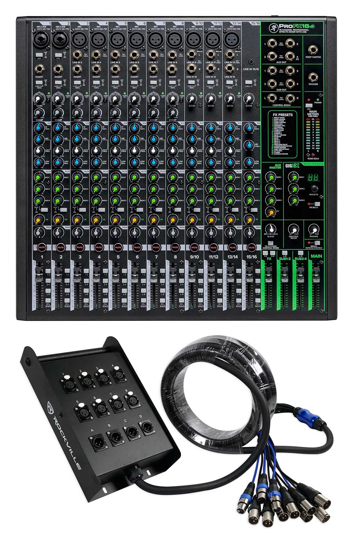 Mackie ProFX16v3 16-Channel 4-Bus Effects Mixer w/USB ProFX16 v3 +Snake Cable