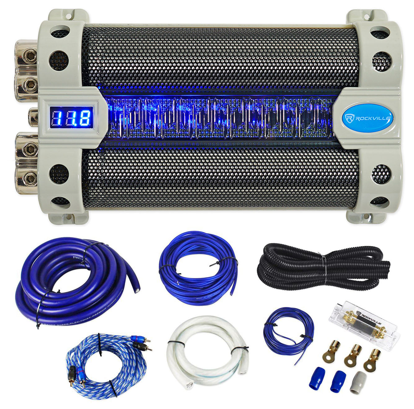 50 Farad Capacitor + 0 Gauge Amp Wiring Kit Bundle