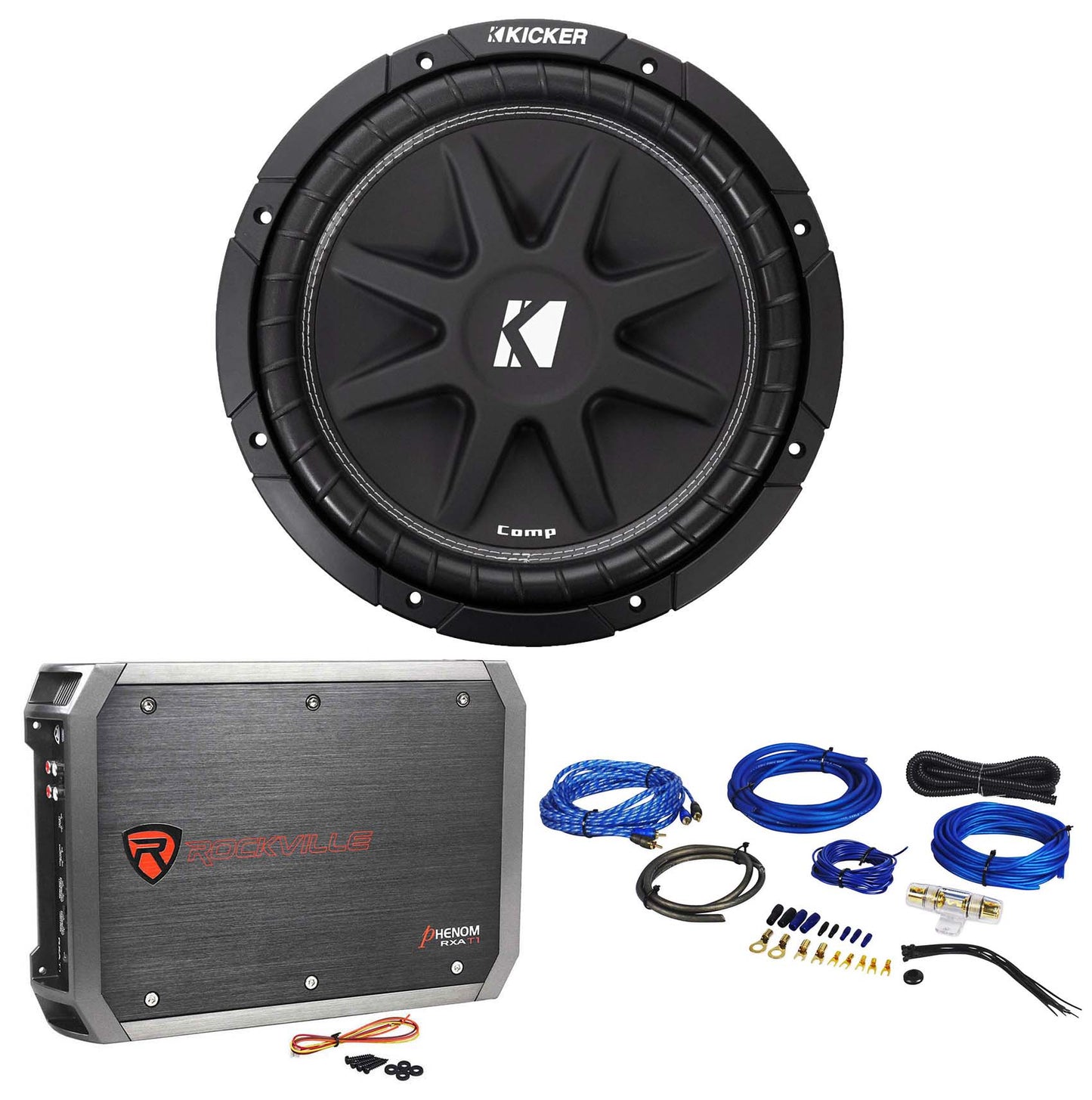 KICKER 43C124 Comp 12" 300 Watt SVC 4-Ohm Car Subwoofer Sub+Amplifier+Amp Kit