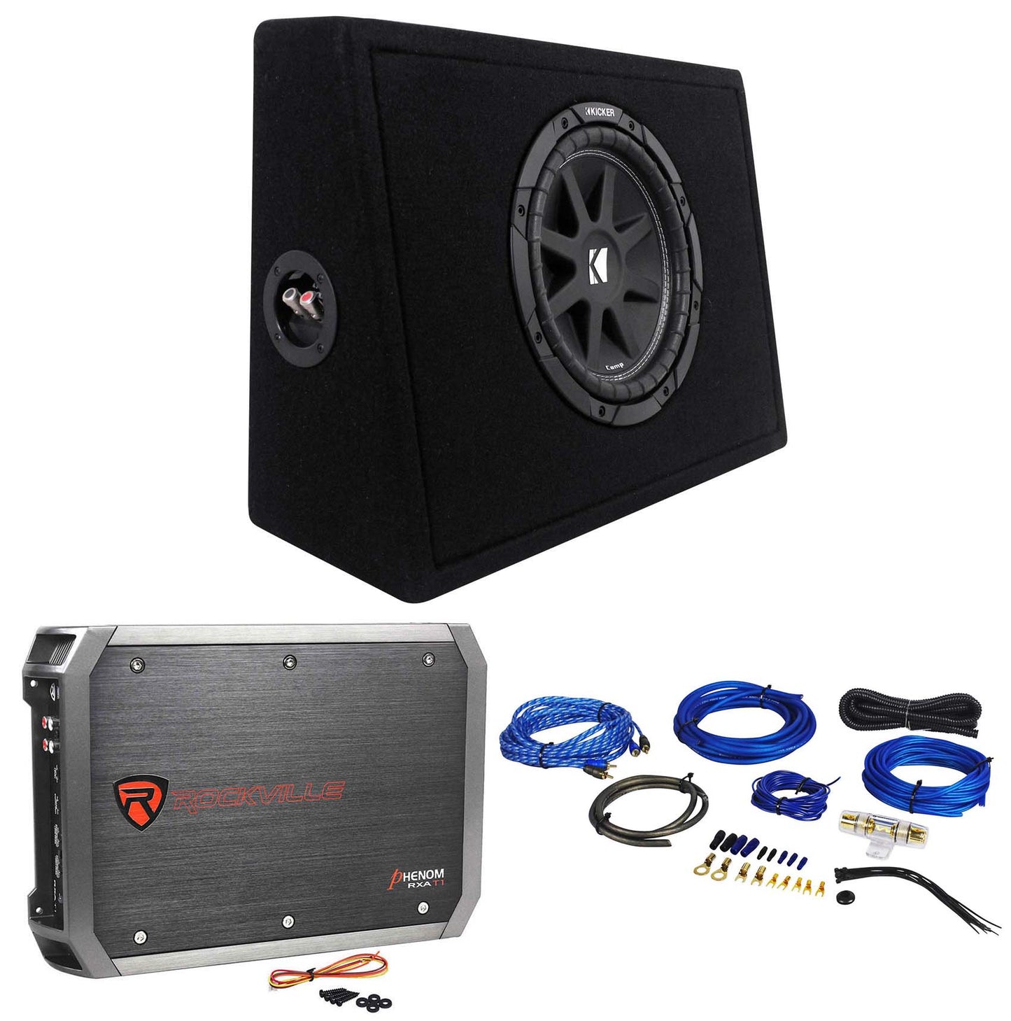 KICKER 43TC104 Comp 10" Subwoofer In Sub Box Enclosure+2-Ch. Amplifier+Amp Kit