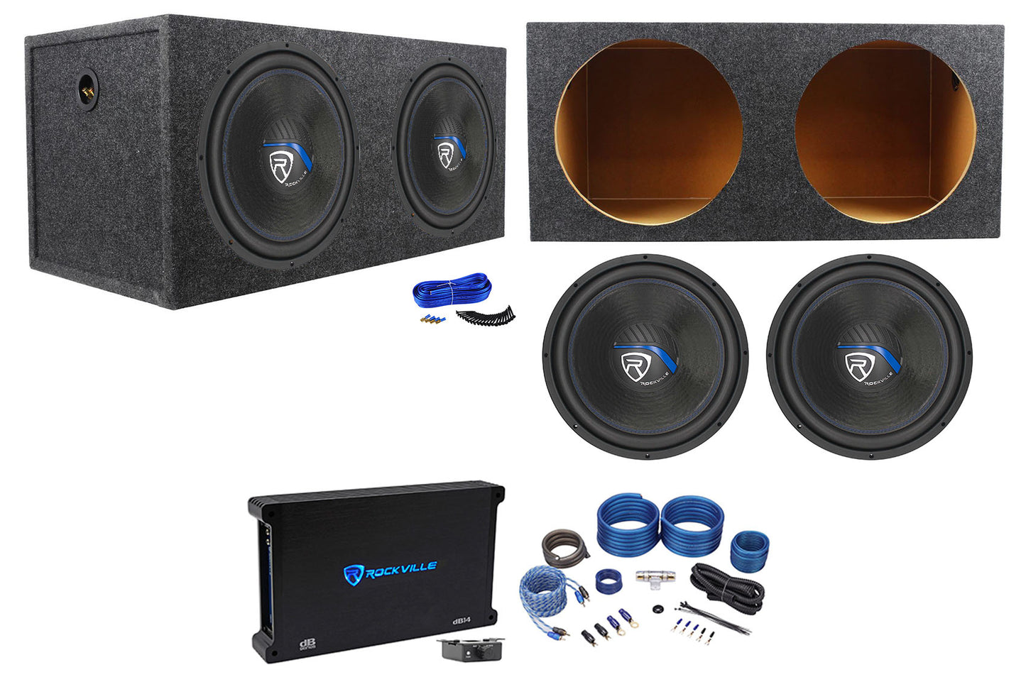 Rockville W15K5S4 2-Pack + dB14 Amp + RWK41 + RD15 Enclosure Bundle