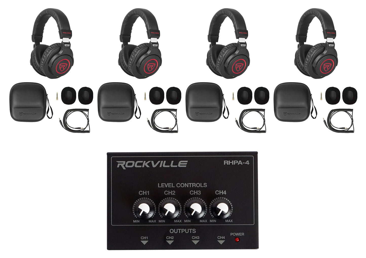 PRO‑M50 SR Headphones 4-Pack + RHPA4 Headphone Amplifier Bundle