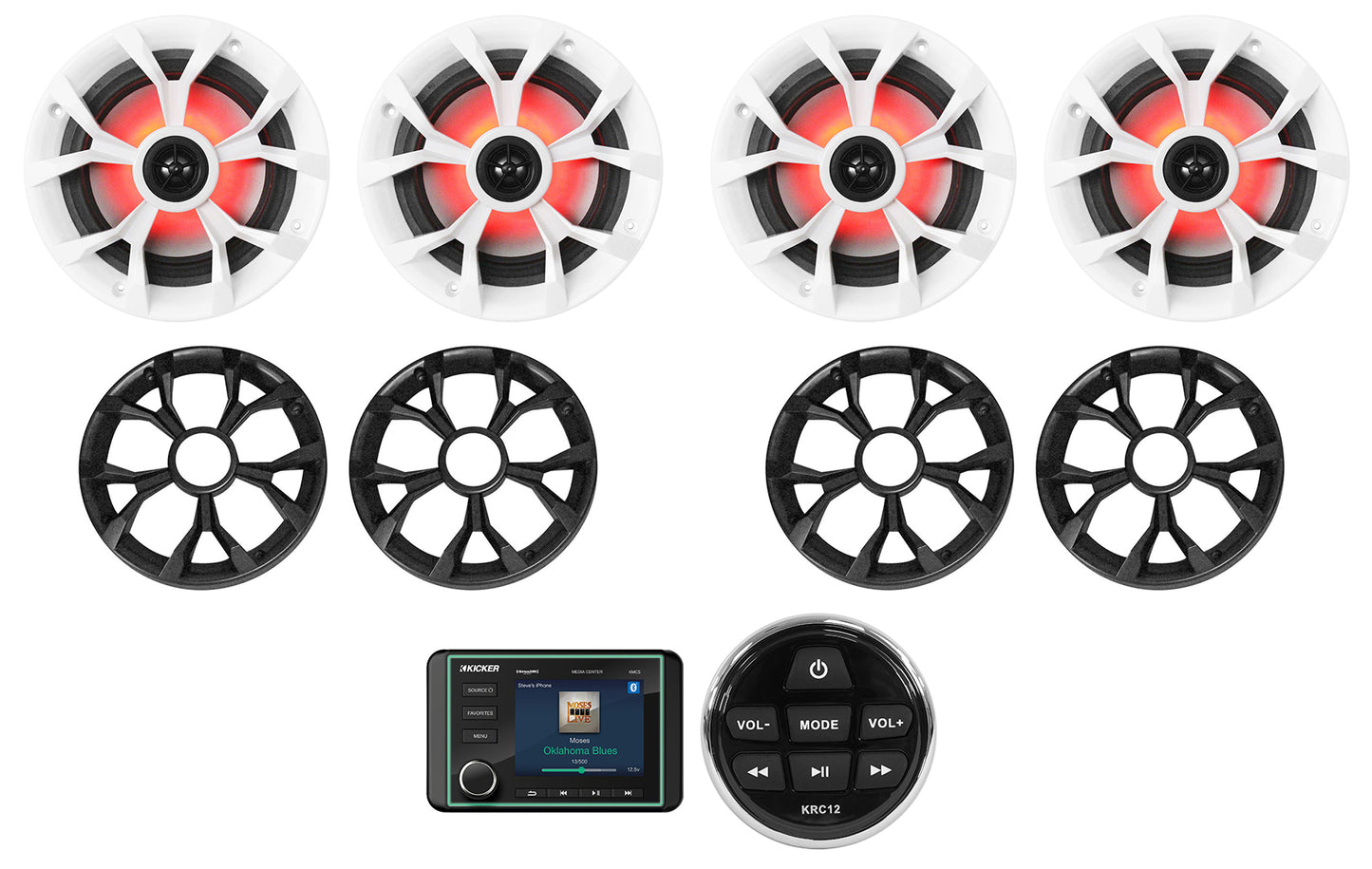 KICKER KMC5 Marine Digital Media Bluetooth Receiver+Remote+(4) 6.5" LED Speakers