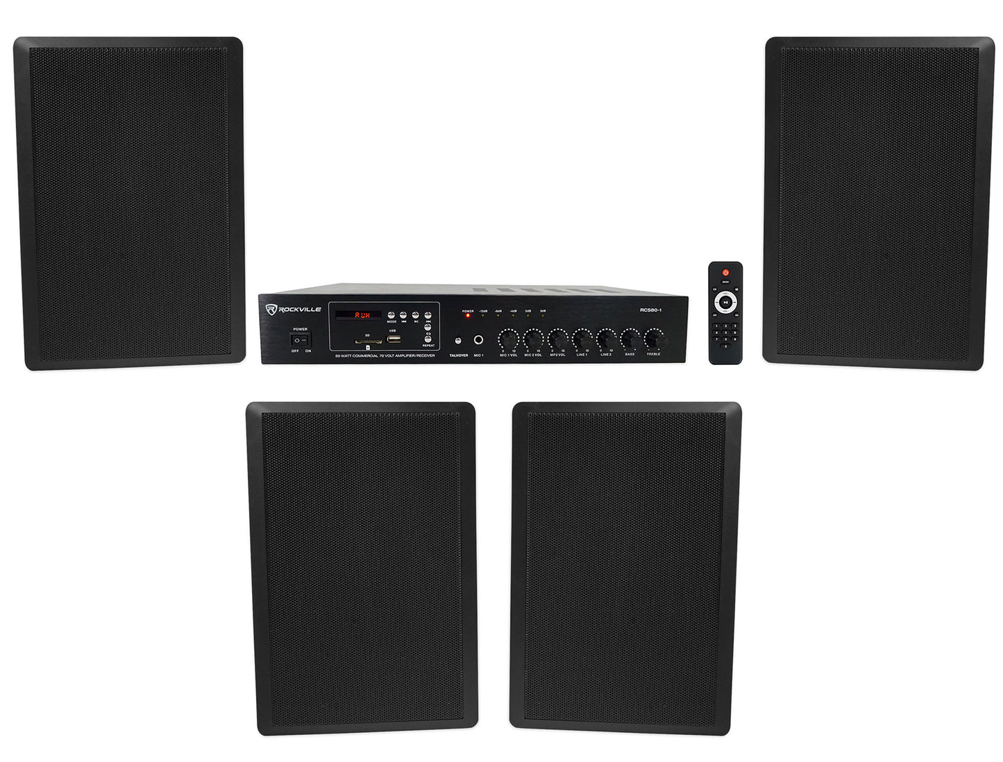 RCS80-1 60W Amplifier + RockSlim 70B Black Wall Speakers 4-Pack Bundle