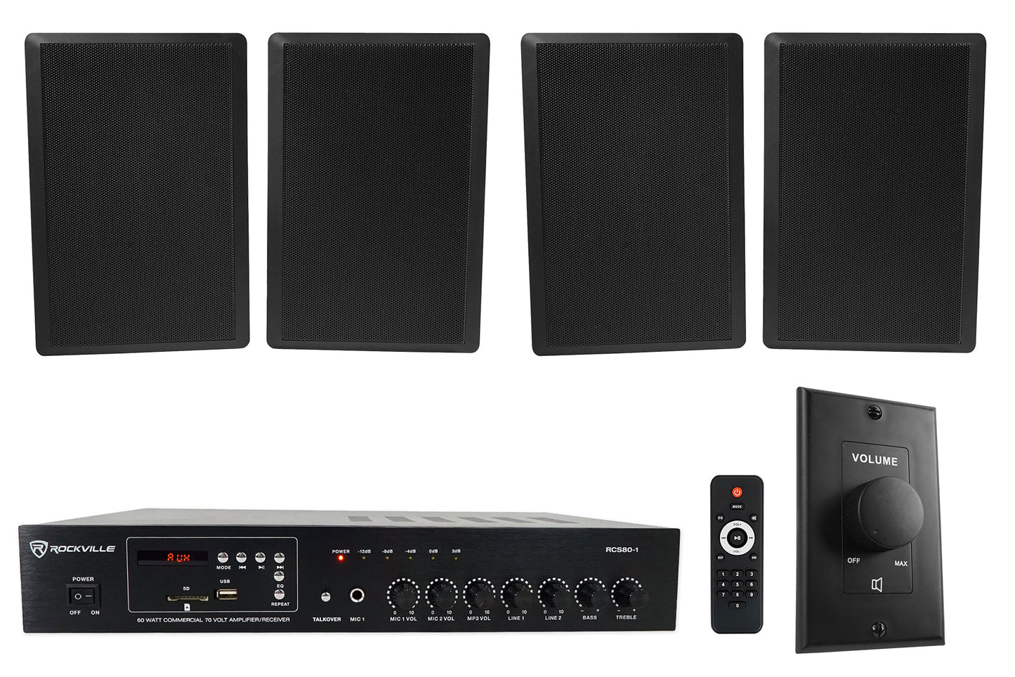 RCS80-1 60W Amplifier + RockSlim 70B Black Speakers 4-Pack + VOL70100 Black Bundle