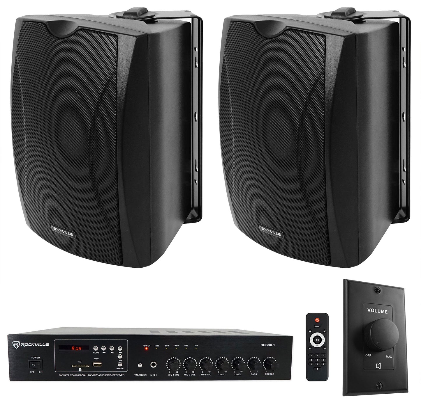 RCS80-1 60W Amplifier + WET-6B Black Outdoor Speakers 2-Pack + VOL70100 Black Bundle