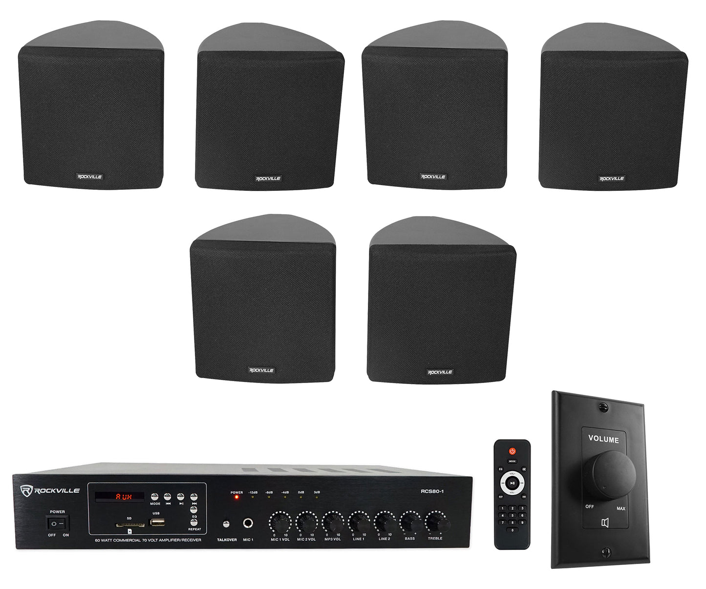 RCS80-1 60W Amplifier + RockSlim 70B Black Speakers 6-Pack + VOL70100 Black Bundle