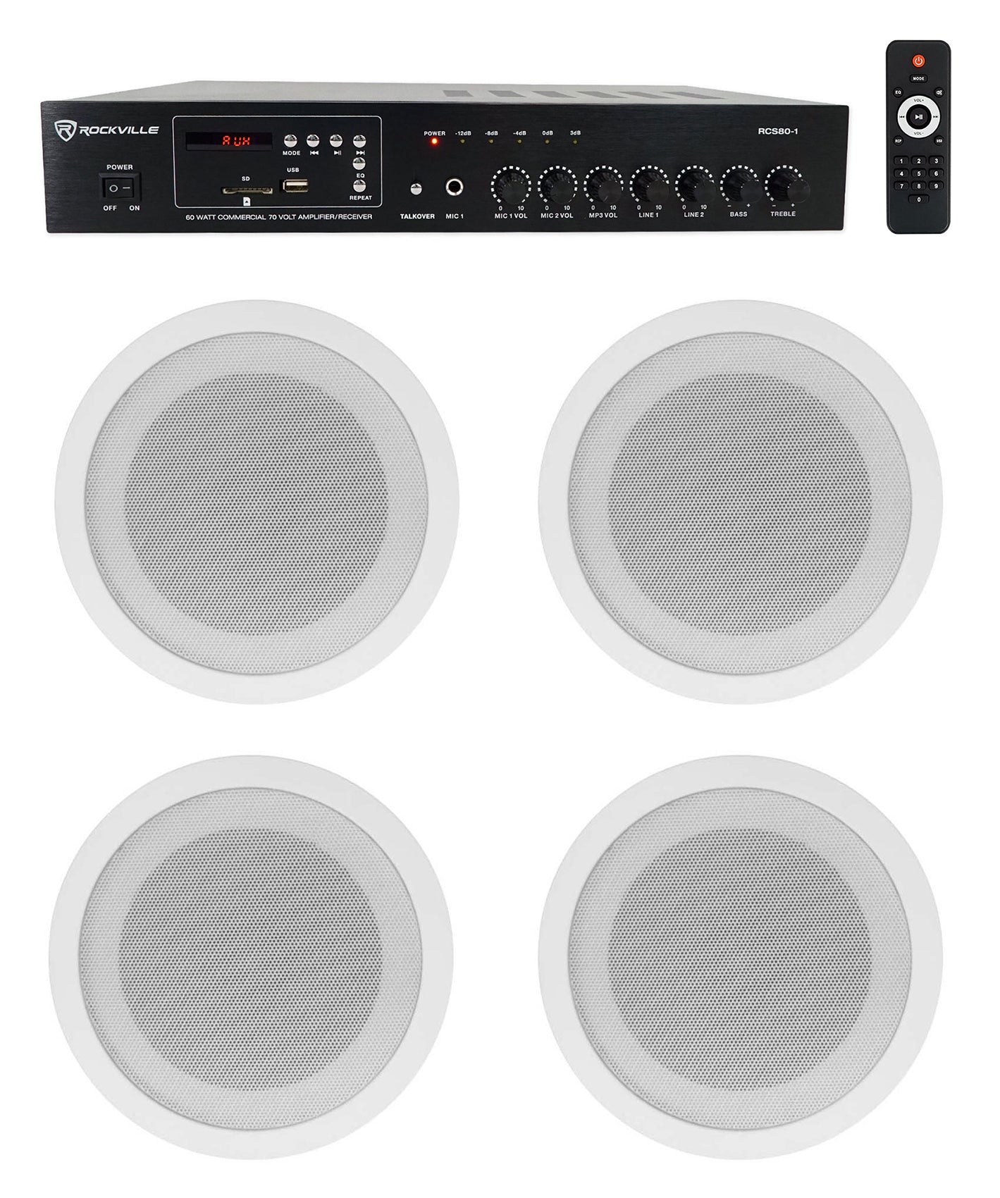 RCS80-1 60W 70V Amplifier + CCL5T White 4-Pack Bundle