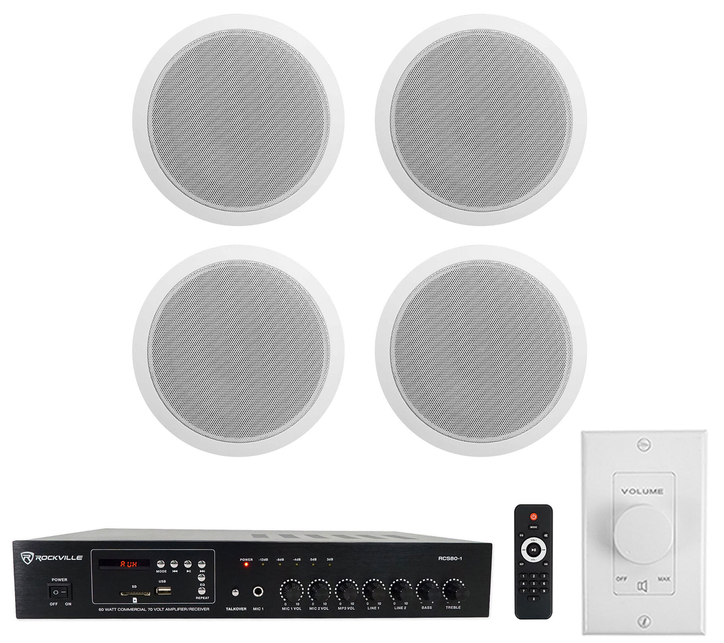 RCS80-1 Amplifier + CCL6T White 4-Pack + Wall Volume Control Bundle
