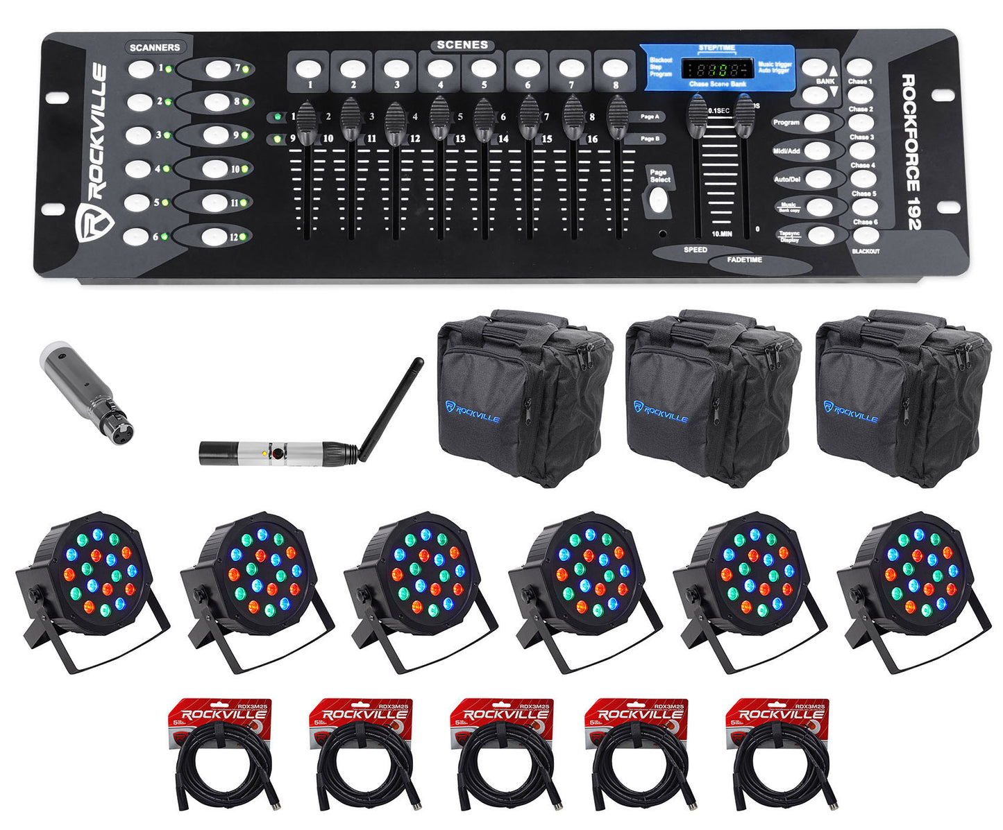 ROCKFORCE 192 + DMX-WTR + DMX-WRE + RockPAR50 6-Pack Bundle