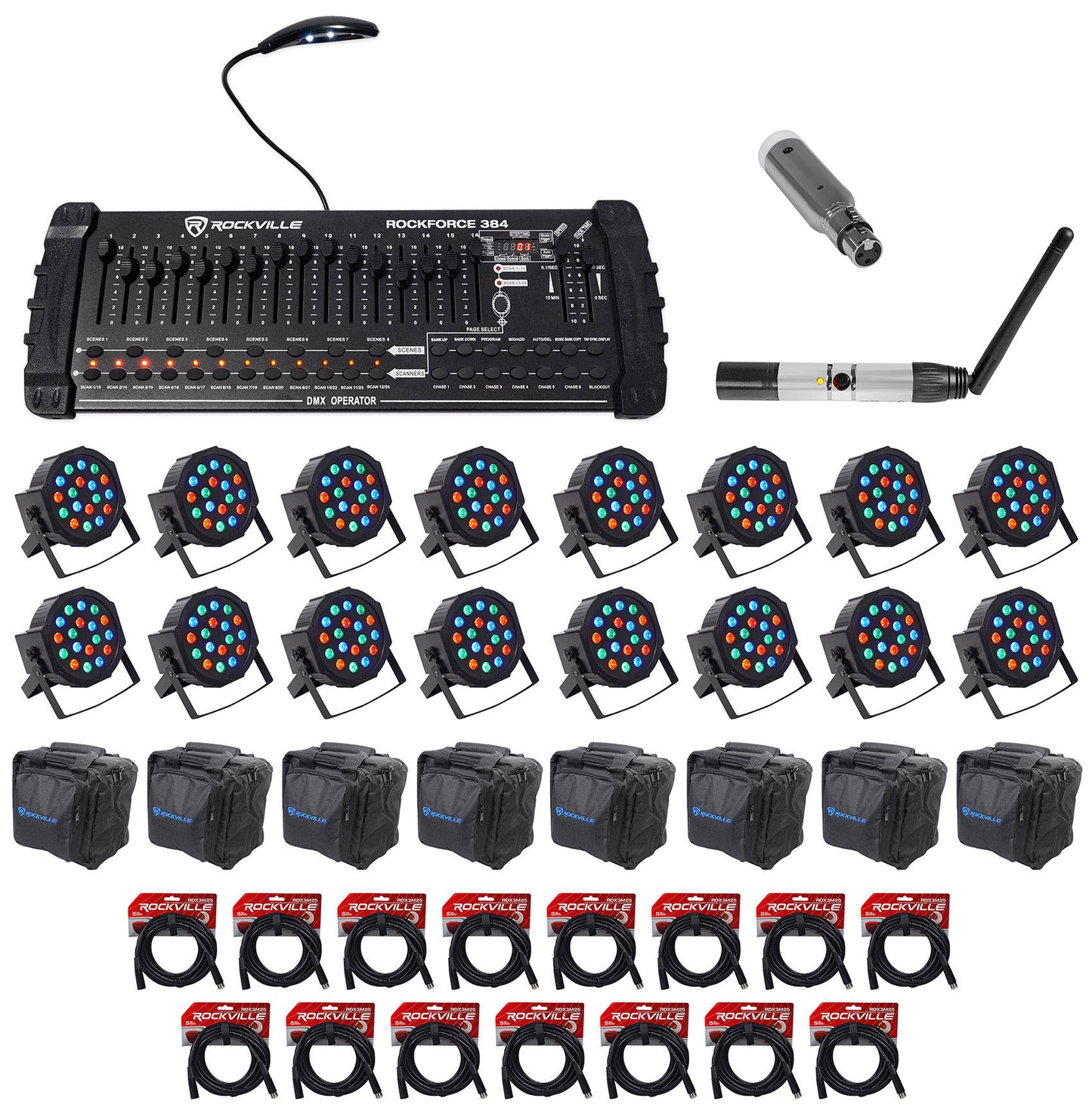 ROCKFORCE 384 + DMX-WTR + DMX-WRE + RockPAR50 16-Pack Bundle