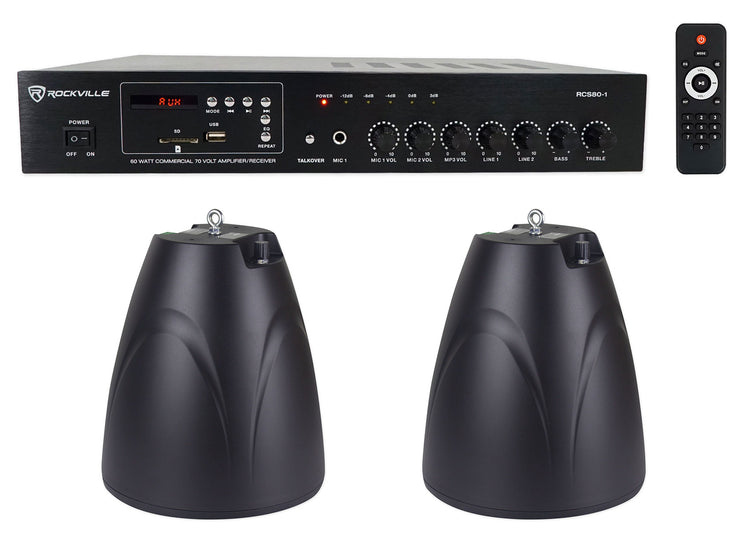 RCS80-1 60W Amp 2-Pack + PEN-65T Black Pendant Speakers Bundle