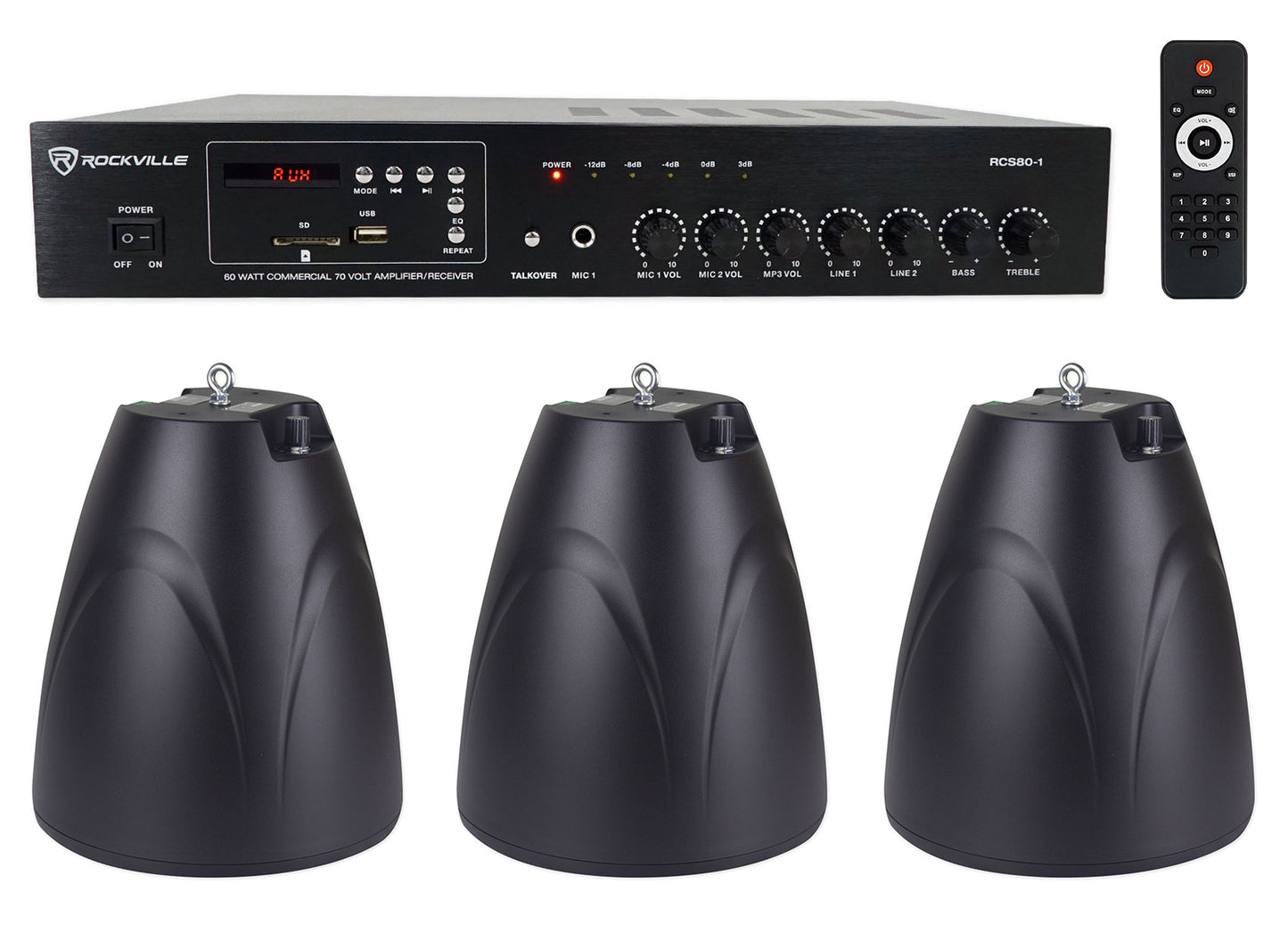 RCS80-1 60W Amp 3-Pack + PEN-65T Black Pendant Speakers Bundle