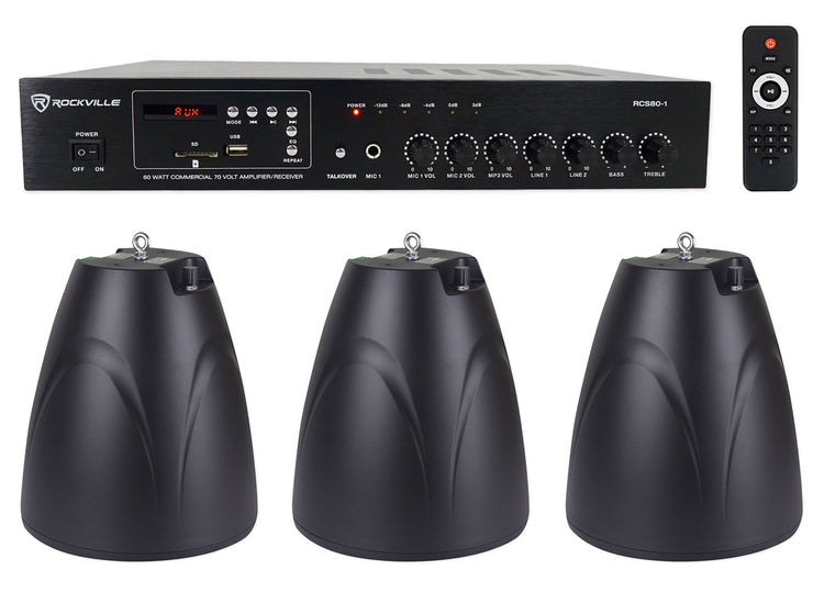 RCS80-1 60W Amp 3-Pack + PEN-65T Black Pendant Speakers Bundle
