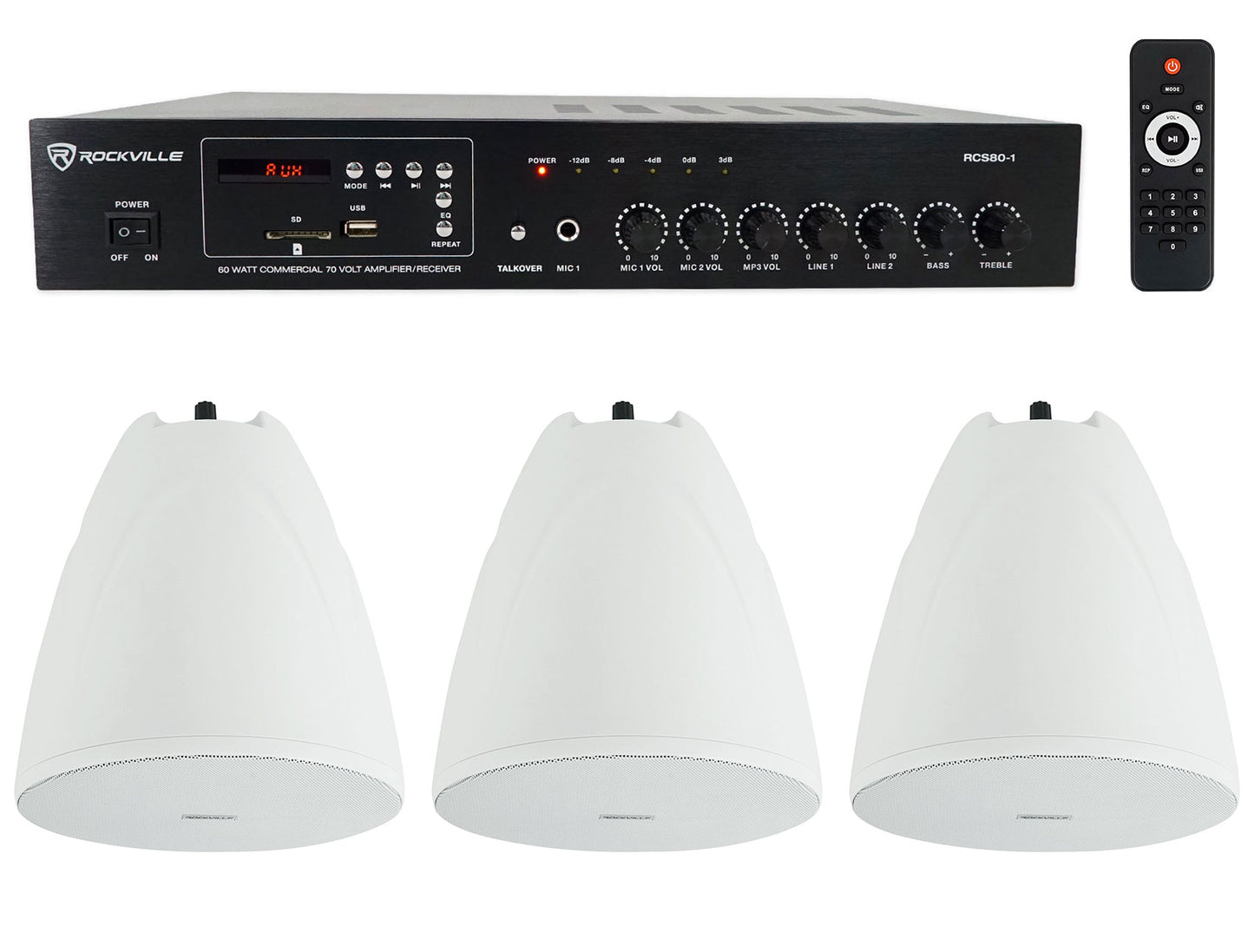 RCS80-1 60W Amplifier 3-Pack + PEN-65T White Pendant Speaker Bundle