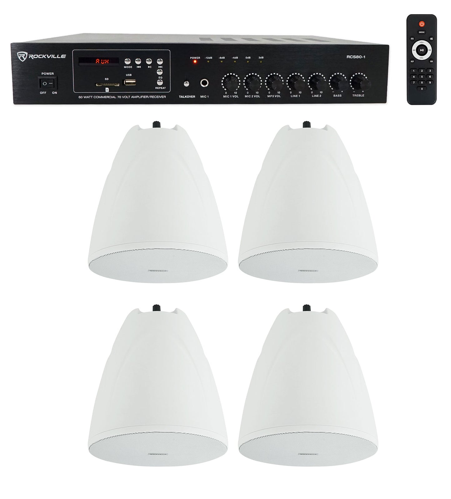 RCS80-1 60W Amplifier 4-Pack + PEN-65T White Pendant Speaker Bundle