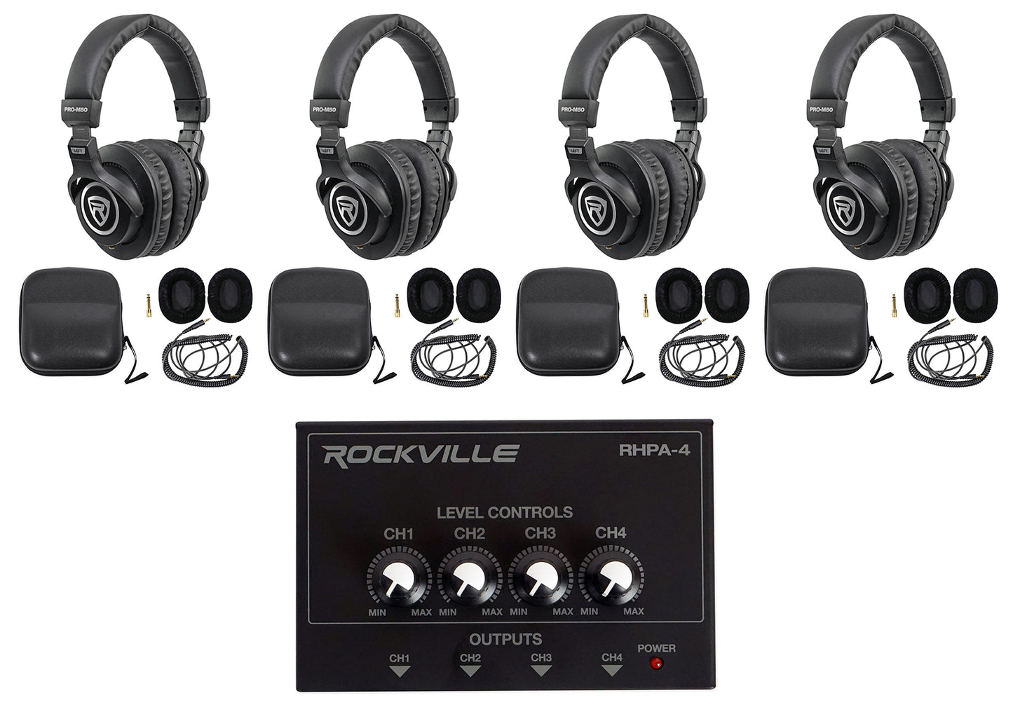 PRO-M50 Headphones 4-Pack + RHPA4 Headphone Amp Bundle