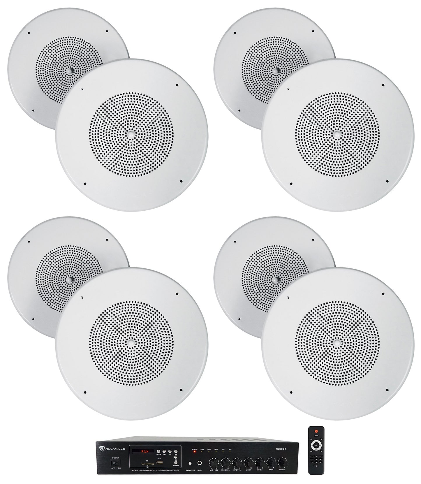 RCS80-1 60W Amp 4-Pack + MC80 8" Metal Ceiling Speakers Bundle