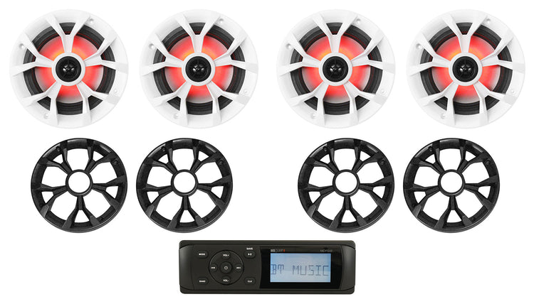 MB Quart MDR2.0 1-Din Marine/Boat Bluetooth/USB Receiver+(4) 6.5" LED Speakers