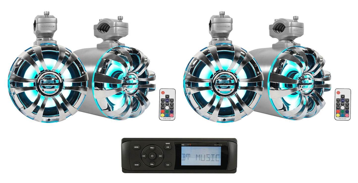 MB Quart MDR2.0 Marine/Boat Bluetooth/USB Receiver+(4) 6.5" LED Tower Speakers