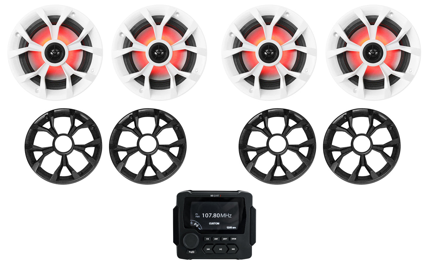 MB Quart GMR-LED Marine/Boat Receiver w/Bluetooth/USB+(4) 6.5" LED Speakers