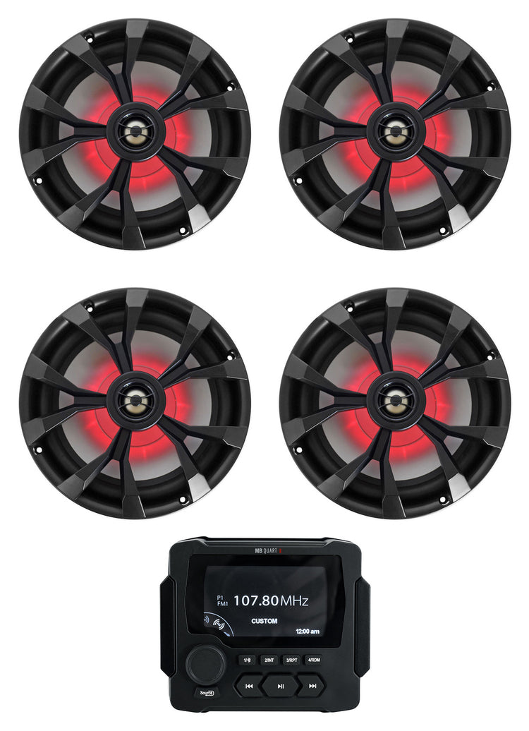 MB Quart GMR-LED Marine/Boat Receiver w/Bluetooth/USB+(4) 8" Black LED Speakers