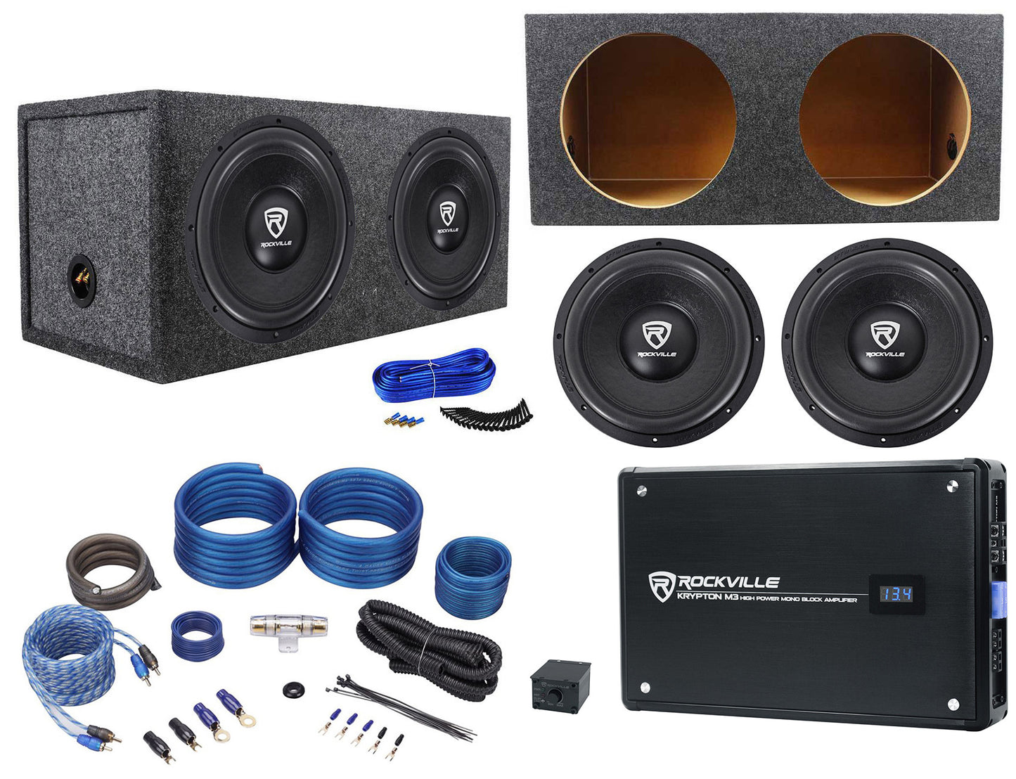 Rockville 12" Subwoofers 2-Pack + KRYPTON-M3 Mono Amplifier Bundle