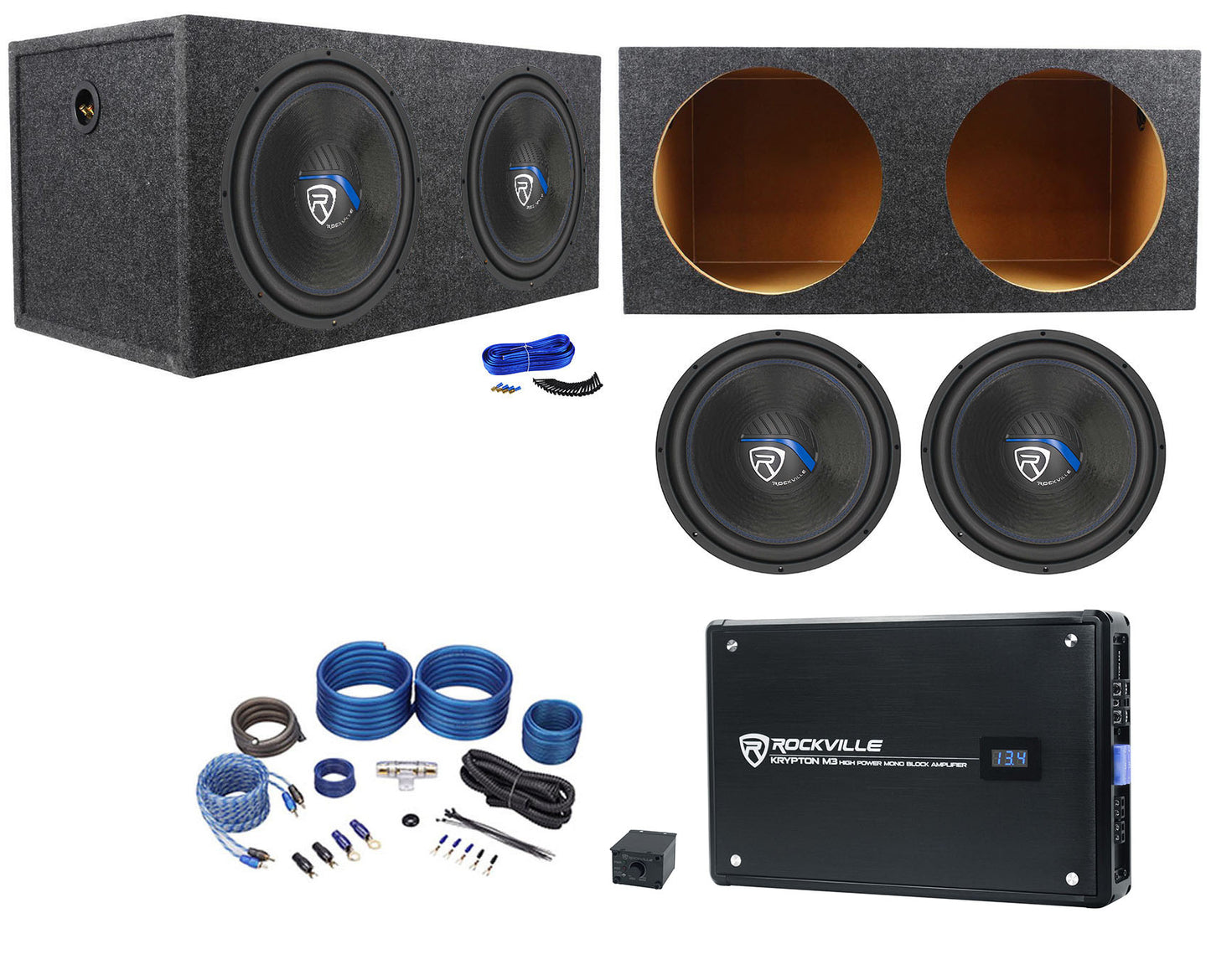 Rockville 15" Subwoofers 2-Pack + KRYPTON-M3 Mono Amplifier Bundle