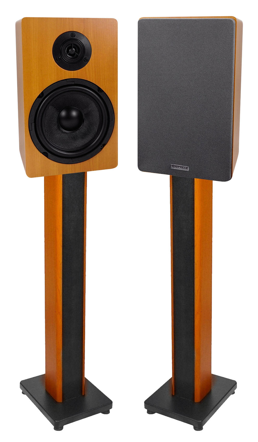 RockShelf 68C Wood 2-Pack + RHTSC 36" Speaker Stands Bundle