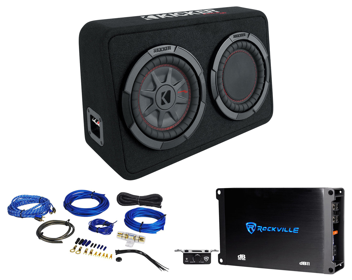 Kicker 48TCWRT82 COMPRT8 8" 600W Loaded Shallow Subwoofer+Mono Amplifier+Amp Kit