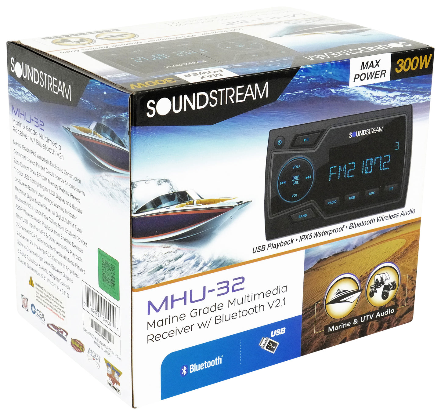 Soundstream MHU-32 Marine Boat ATV/UTV Bluetooth Receiver+4 Black 5.25" Speakers