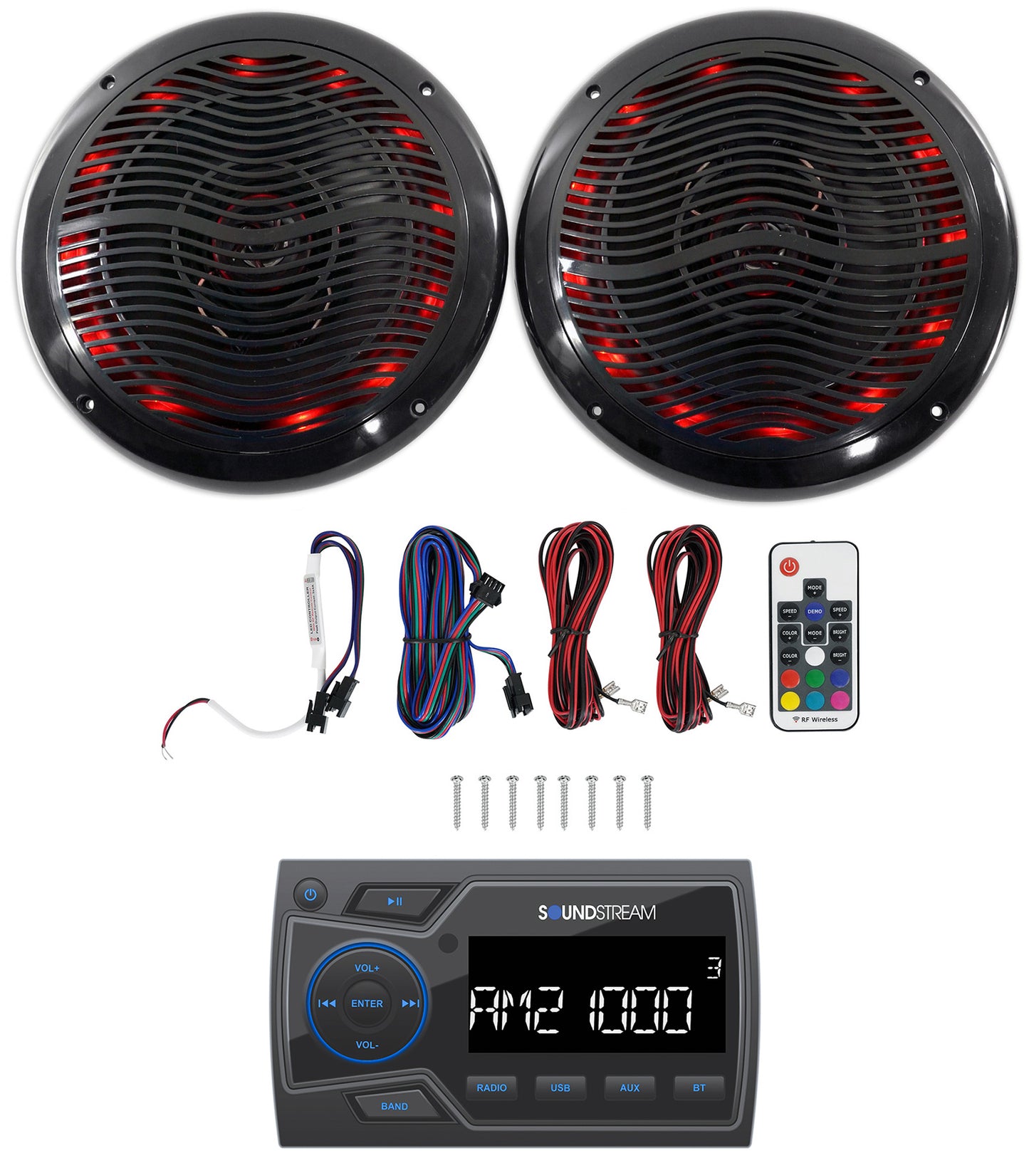 Soundstream MHU-32 Marine ATV/UTV Bluetooth Receiver+(2) Black 6.5" LED Speakers