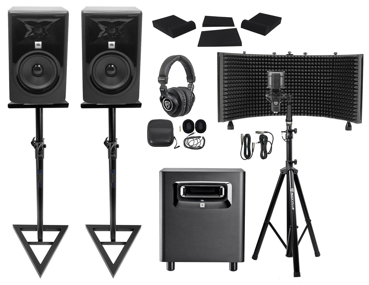 2 JBL 305P MkII 5" Studio Monitors+Stands+Subwoofer+Headphones+Mic+Vocal Shield