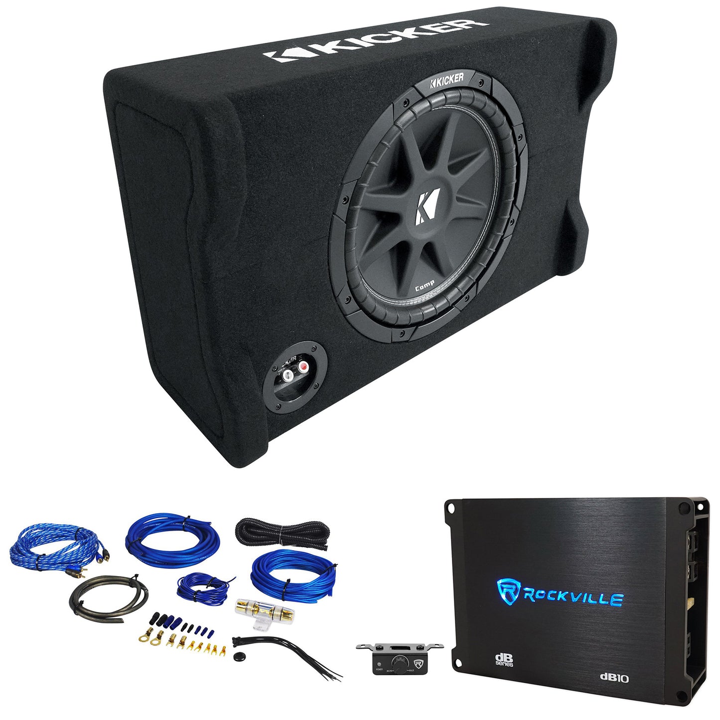 KICKER 48CDF124 Comp12 12" 300w Down Firing Car Subwoofer+Mono Amplifier+Amp Kit