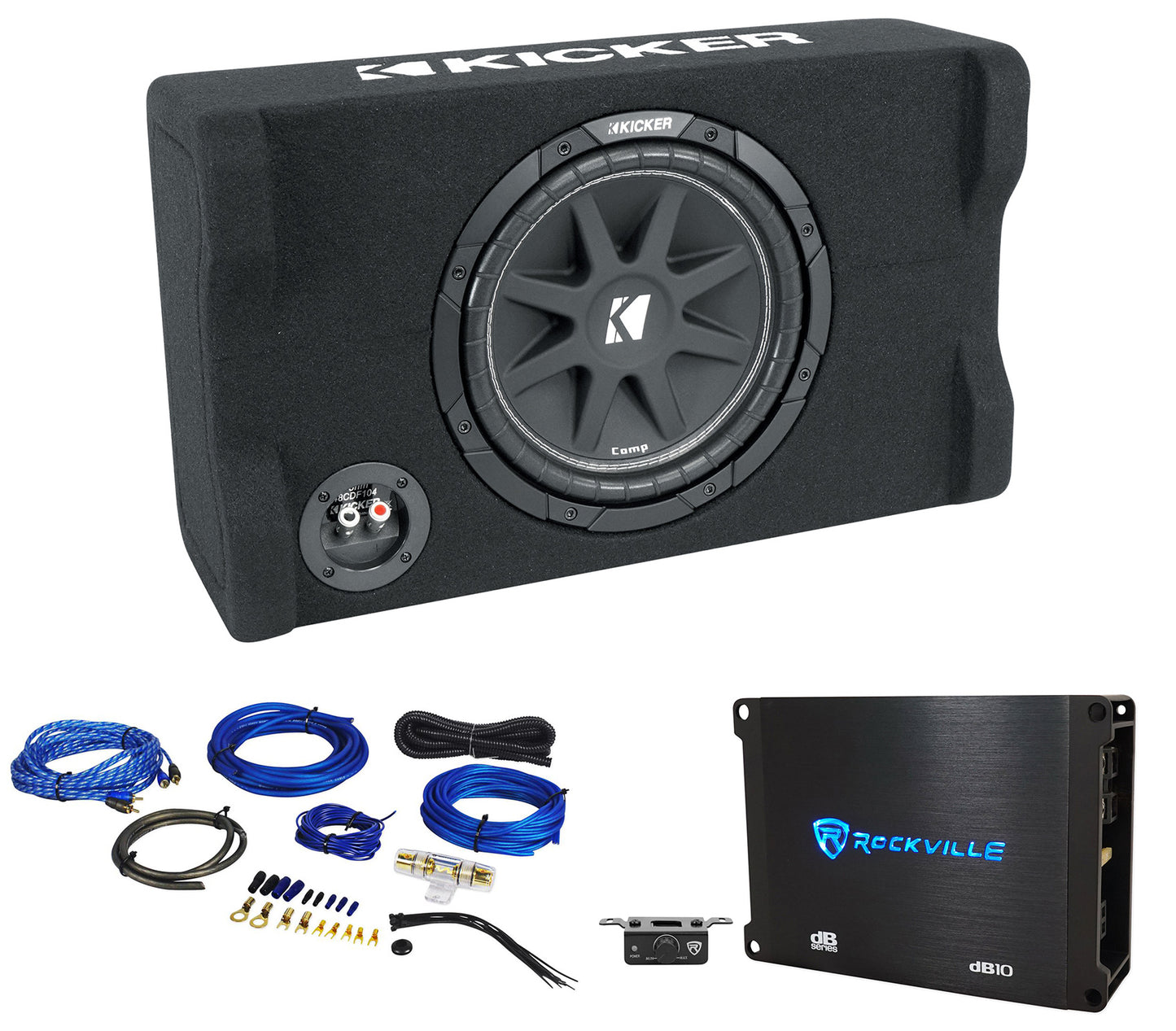 KICKER 48CDF104 Comp12 10" 300w Down Firing Car Subwoofer+Mono Amplifier+Amp Kit