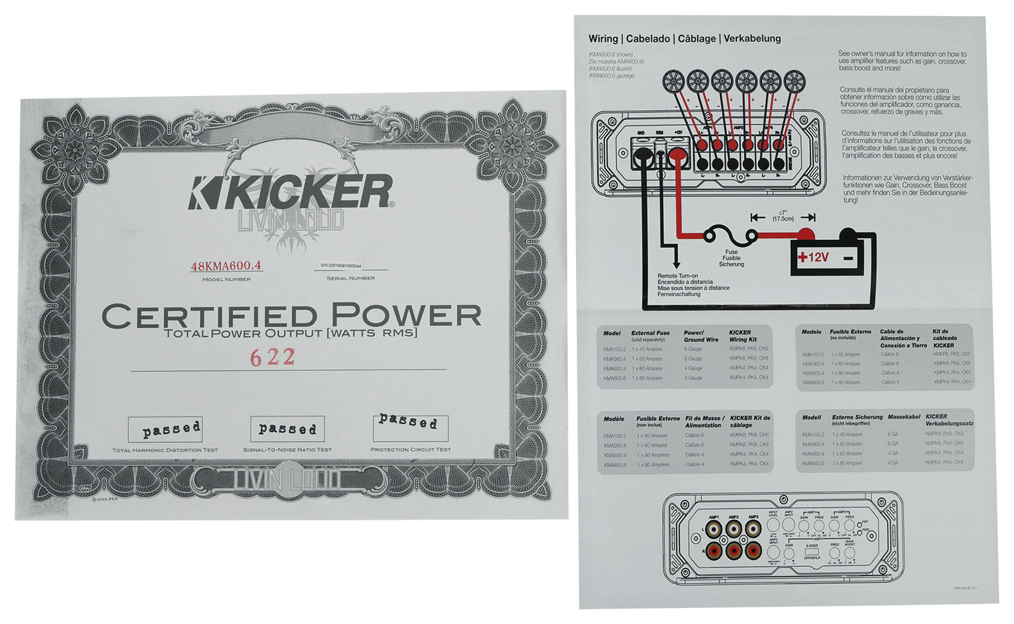KICKER 48KMA6004 600 Watt 4-Channel Marine Boat Amplifier+Amp Kit KMA600.4